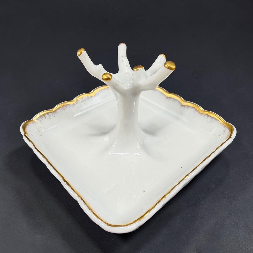 Limoges France Chamart Exclusive Porcelain Ring Holder Tree Gold Gilt White Tray